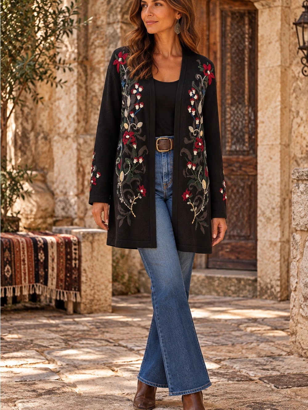 CJ Banks Black Size X Embroidered Floral Long Cardigan Romantic Boho